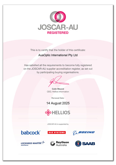 JOSCAR-AU AusOptic Supplier Accreditation Certificate