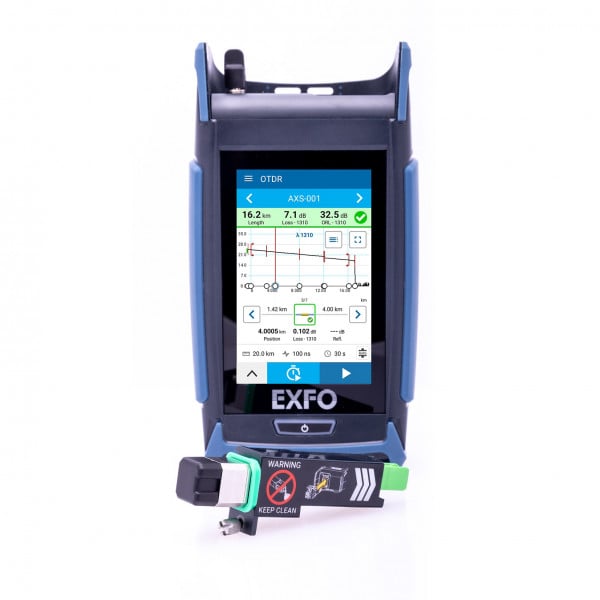 EXFO AXS-130 mini-OTDR for FTTx/MDU Fiber Deployments - Pictured with the patented EXFO swap-out connector, which can be performed in the field. Save on maintenance and cost of ownership.