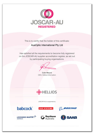 JOSCAR-AU AusOptic Supplier Accreditation Certificate